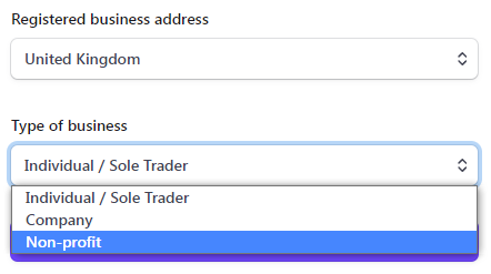 Stripe setup - choose from Individual / Sole Trader, Company, or Non-Profit