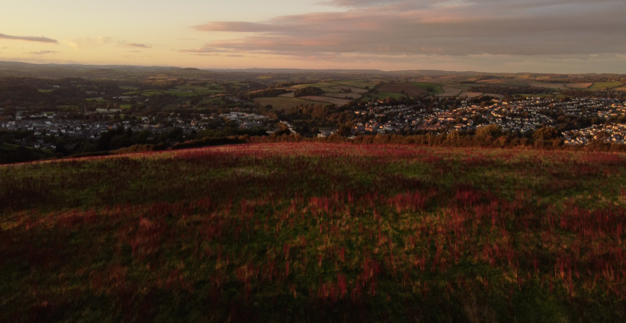 Aerial view over Bowden Pillars Future Fields towards Totnes